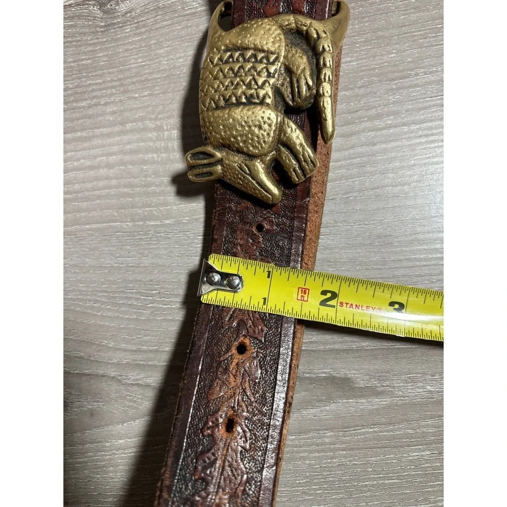 Vintage Leather Armadillo Buckle Belt Embossed Floral Western Boho 45 Inch Brass